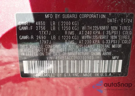 2024 Subaru Outback Premium from USA, damaged, VIN 4S4BTACC2R3230903